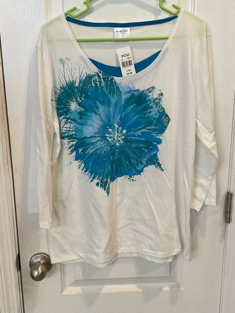 Decorated Originals White Turquoise Floral Rhinestone T-Shirt - Large - NWT